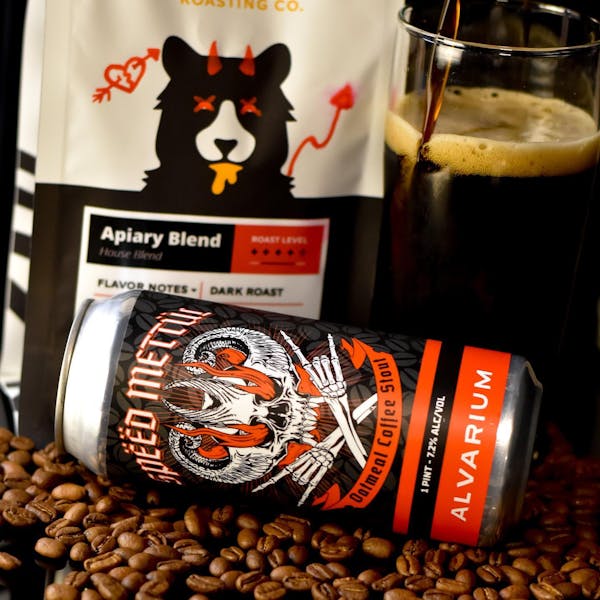 Alvarium Roasting coffee beans with stout beer in glass
