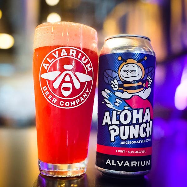 aloha punch fruit punch flavored beer in a glass with can