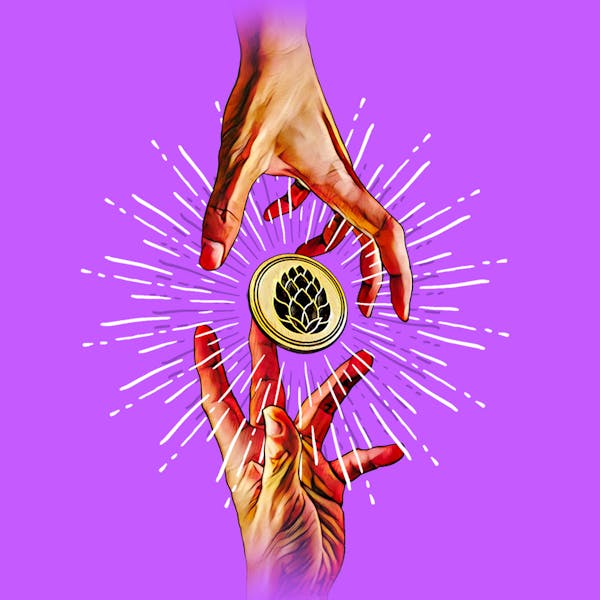 beer label two sides same coin, hands reaching toward each other, coin in middle, purple background, logos of both breweries
