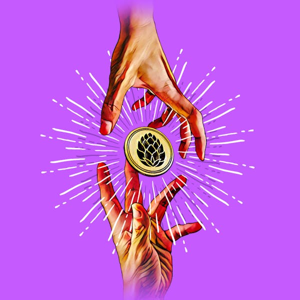TwoSides_IG_1080 beer label two sides same coin, hands reaching toward each other, coin in middle, purple background, logos of both breweries