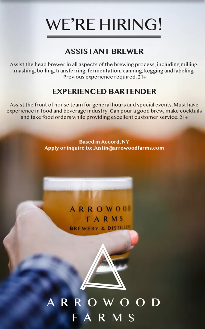 We're hiring poster for Arrowood Brewing - contact justin@arrowoodfarms.com