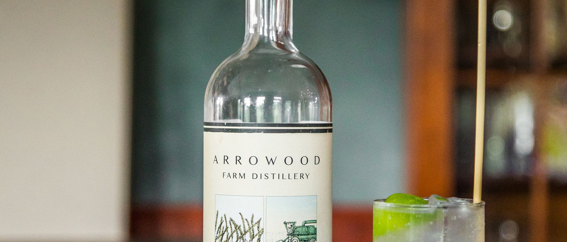 Bottle of Arrowood farms Vodka on top of the bar