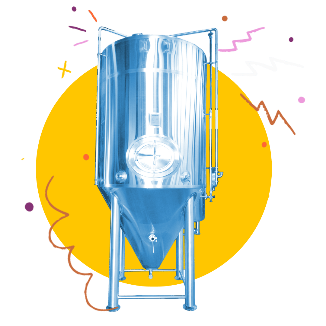 A beer fermentor in duotone blue with colorful bursts coming out of it.