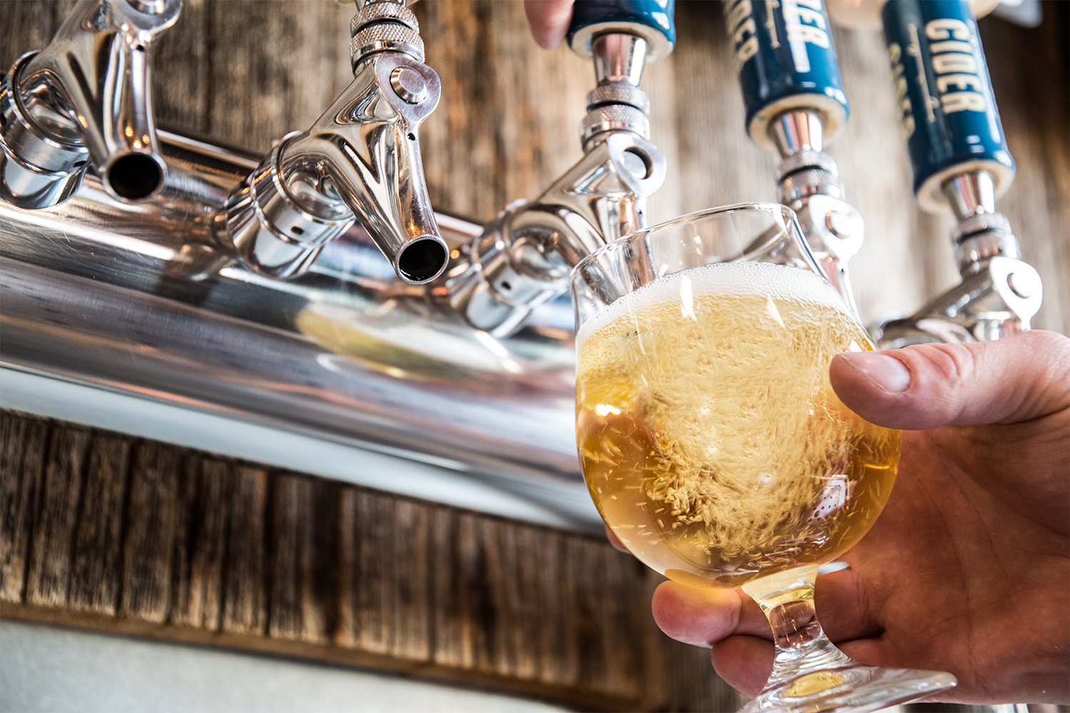 Cider being poured into a glass from a tap