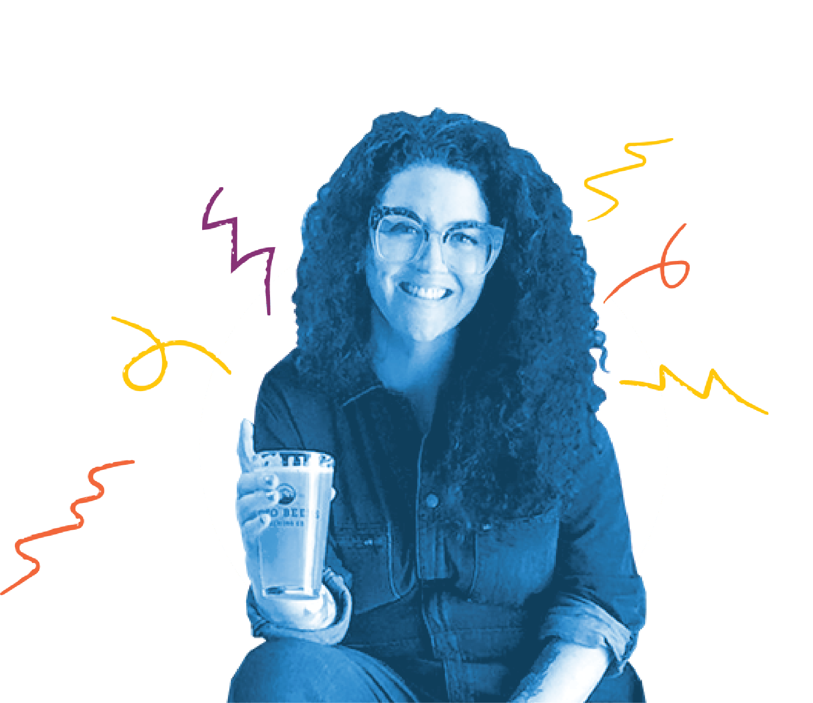 Duotone image of Maura Hardman with cider