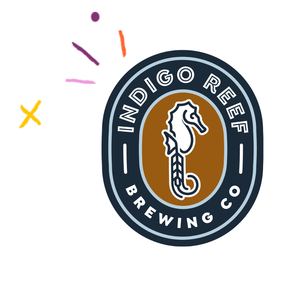 Indigo Reef Brewing logo which includes a seahorse with lines of yeast making up the tail.