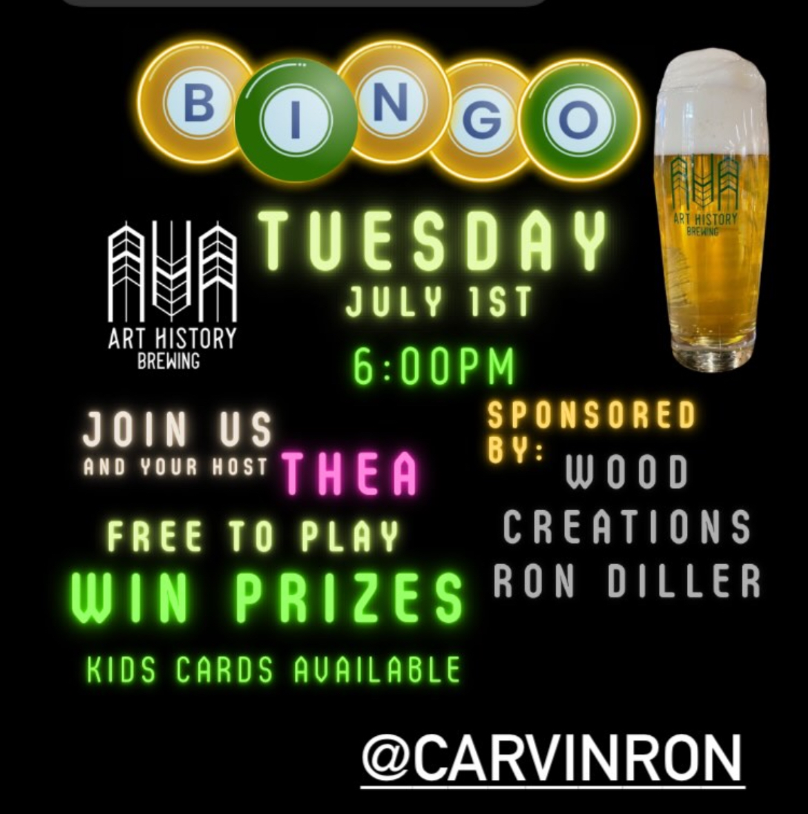 Bingo Night Sponsored by Ron with Wood Creations: 5pm to 8pm