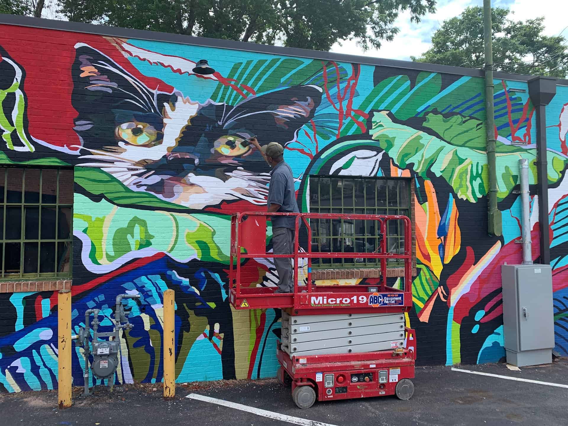 colorful mural on the side of babycat taproom building