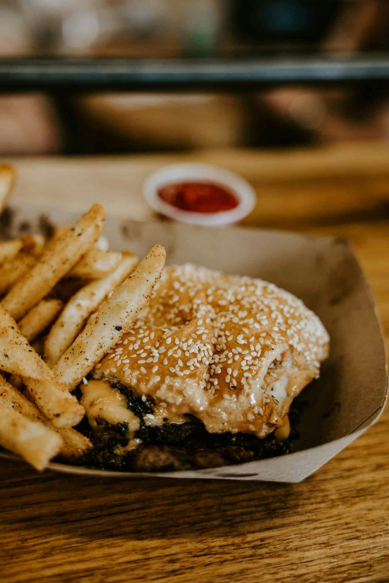 KSG25529 burger and fires with a side of ketchup