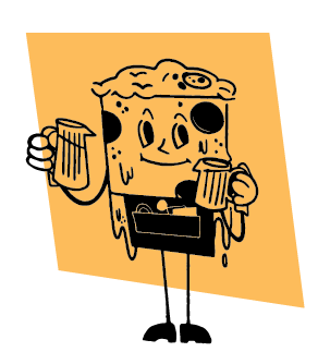 an illustration of a pizza holding two mugs of beer