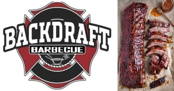 backddraft bbq text over a fire station badge next to a photo of a cooked rack of ribs