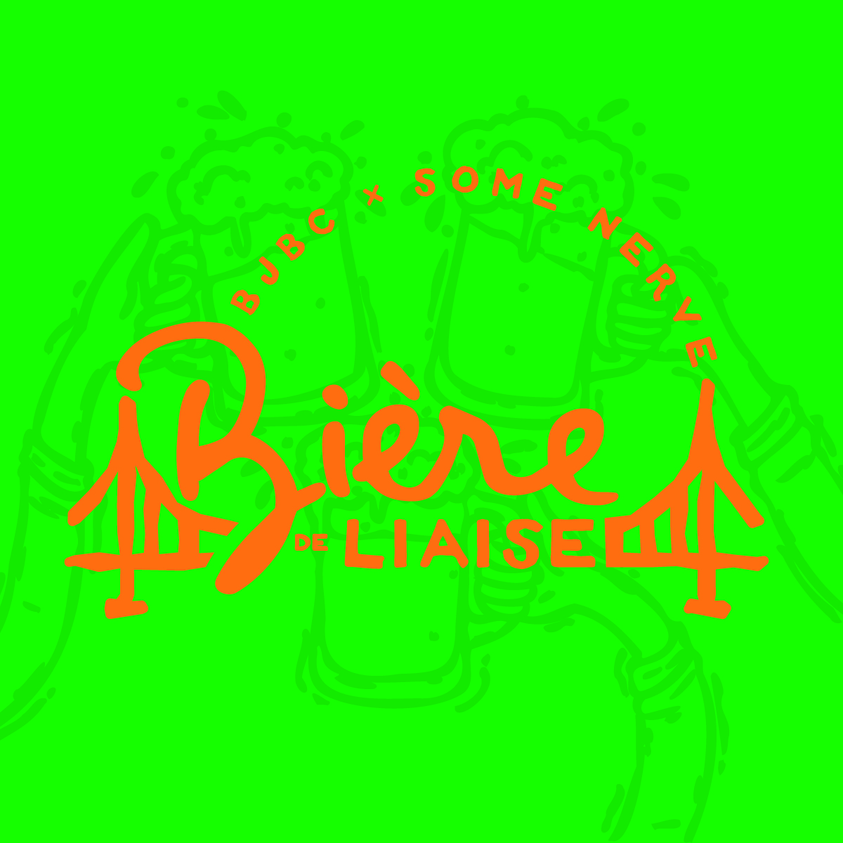 Green back ground with 3 beers toasting, Orange text Biere de Liese and bridge structures