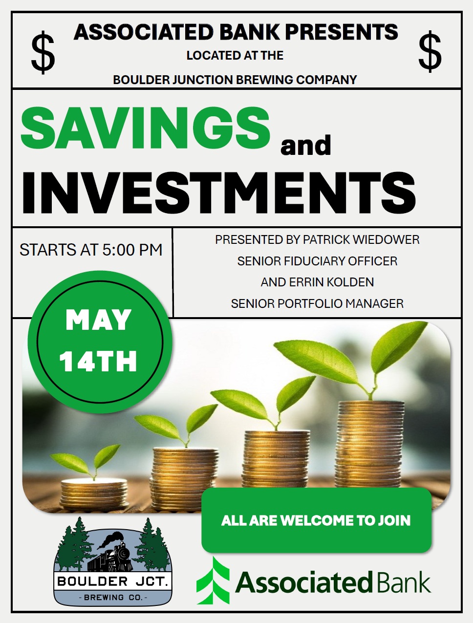 flyer for finance event with information on event and stacks of coins that are growing