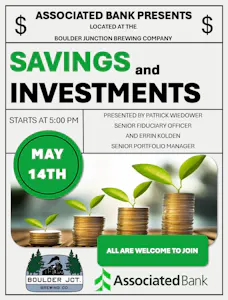 flyer for finance event with information on event and stacks of coins that are growing