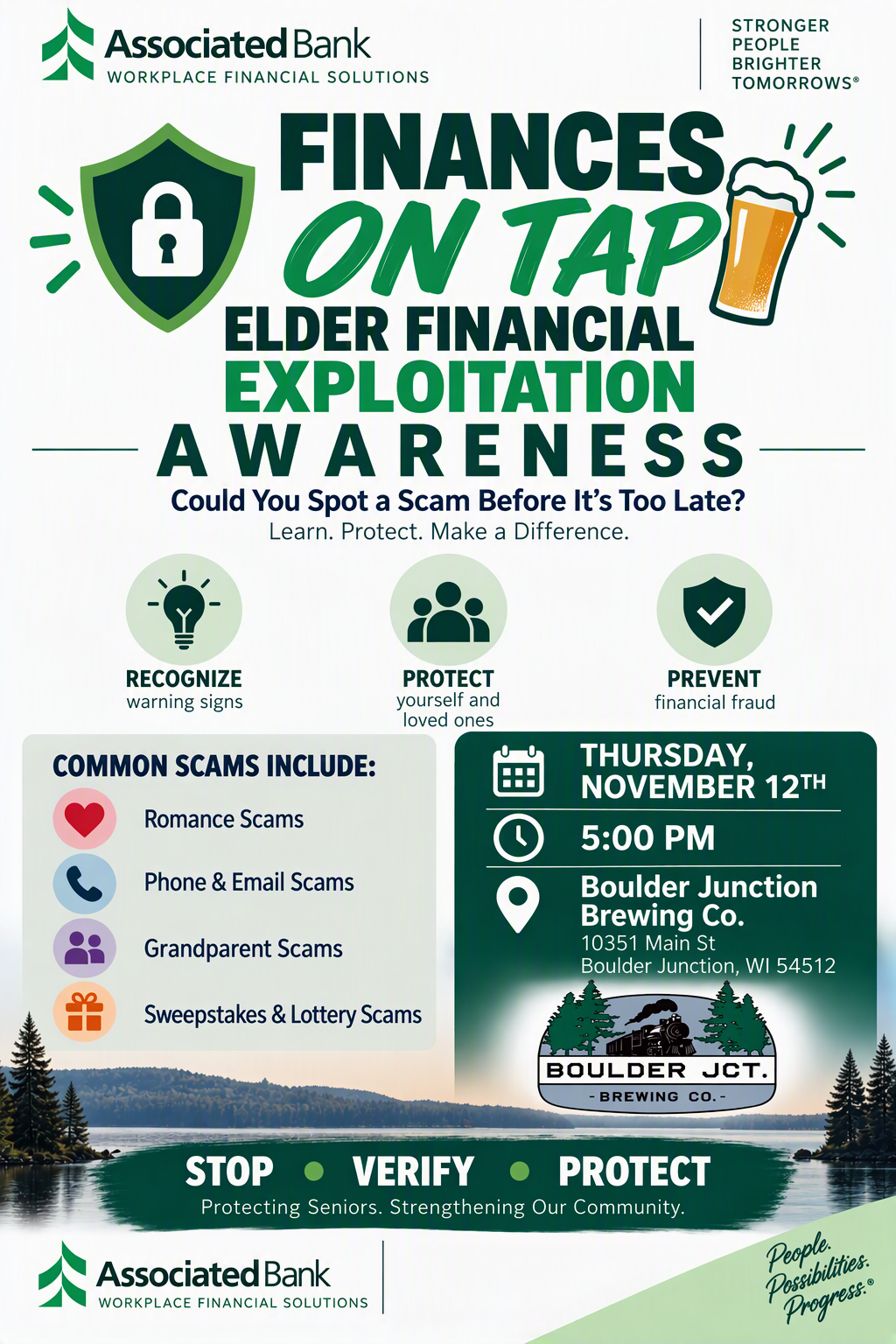 flyer with green writing for Finances on Tap event