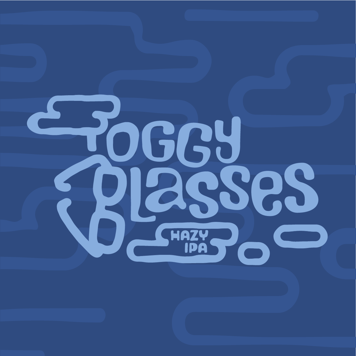 blue hazy background with the text foggy glasses the F in foggy is a haze and hte g in glasses is a pair of glasses