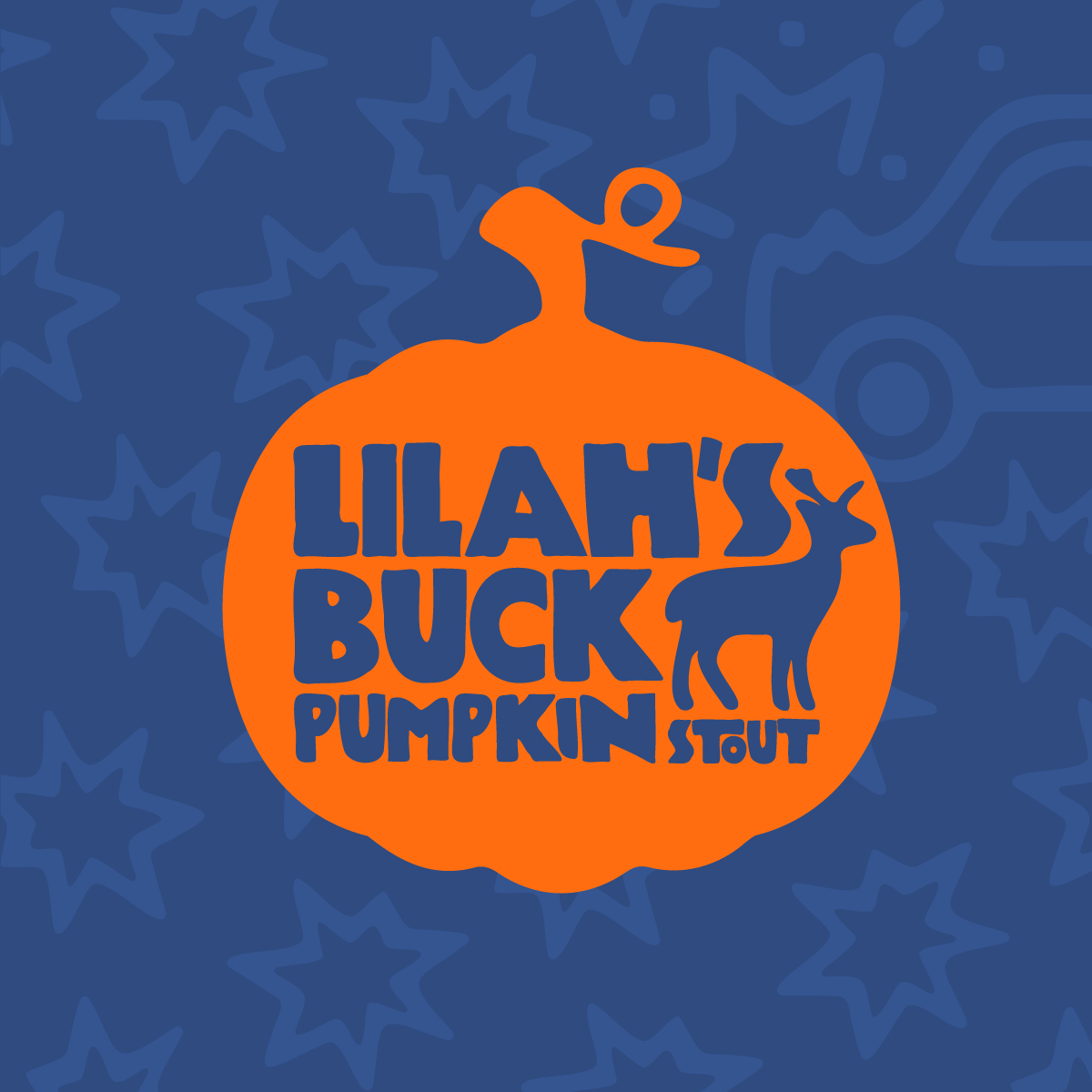 Blue background with watermarks of a crashed car. A drawing of a pumpkin that is orange with the words Lilah's Buck Pumpkin Stout and a deer on it