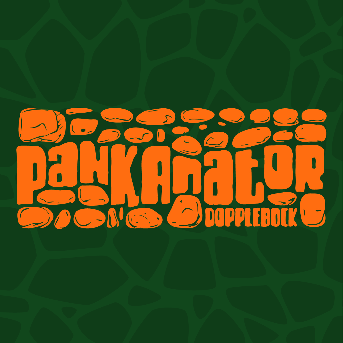 dark green background with a wall of stone in orange the word pankanator is part of the wall of stone