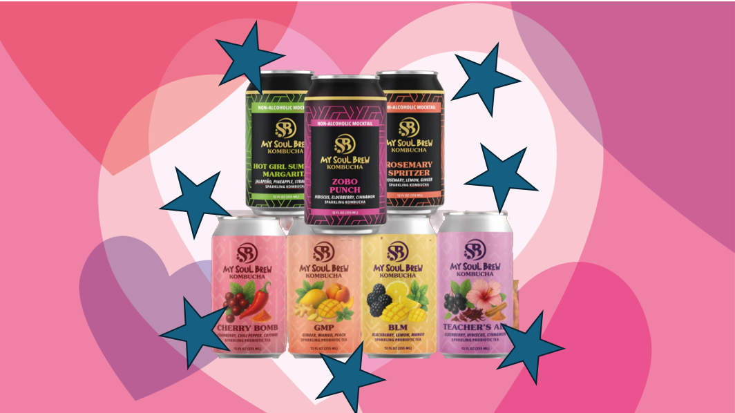kombucha cans with a background of hearts and stars