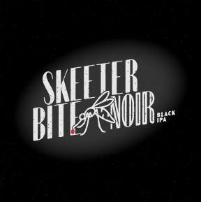 Black background with an oval of Gray with the words Skeeter Bite Noir, Black IPA line drawing of a mosquito with a drop of red blood between the words Bite and Noir
