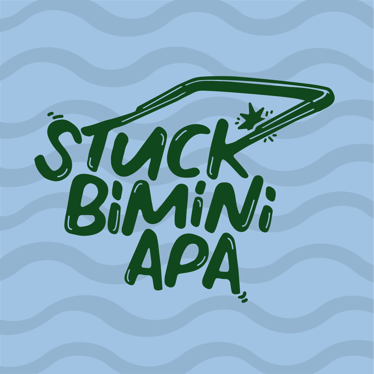 blue background with waves like water and the frame of a bimini for a boat with the text Stuck Bimini APA