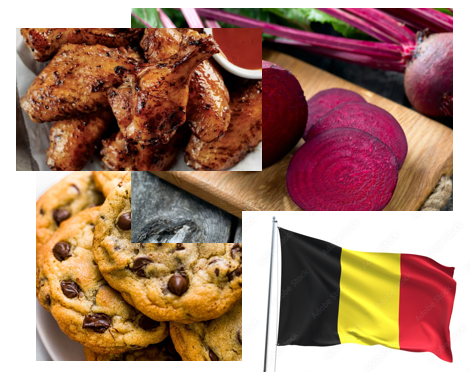 collage of belgian flag, beets, cookies and chicken wings