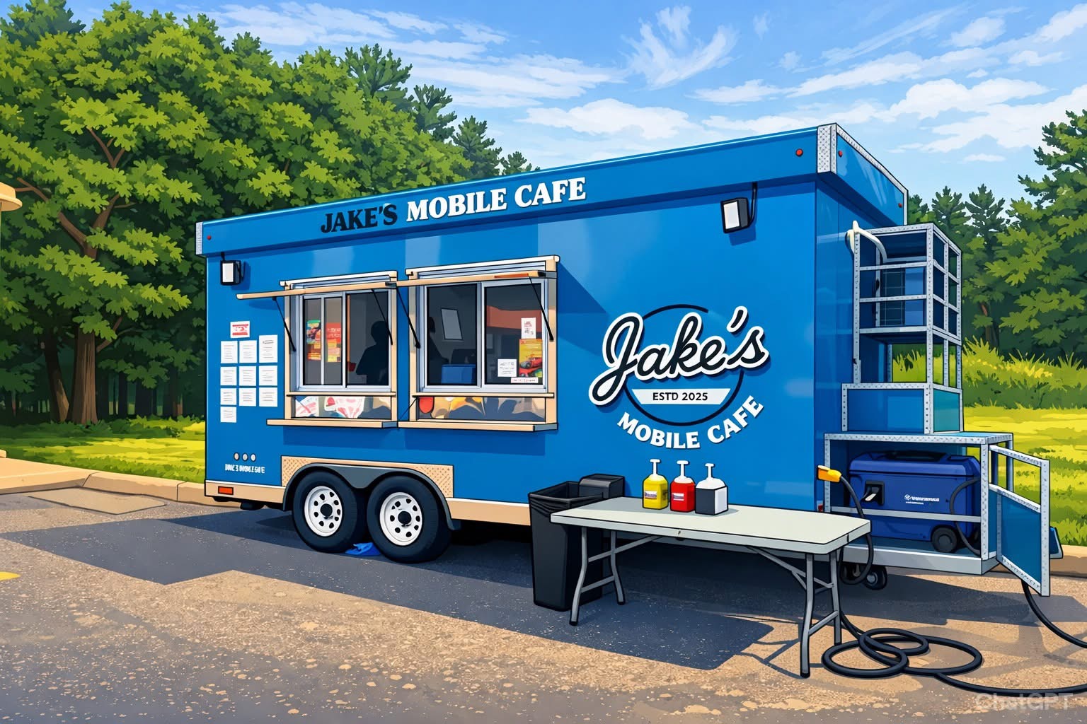 cartoon drawing of a foodtruck parked outside. 