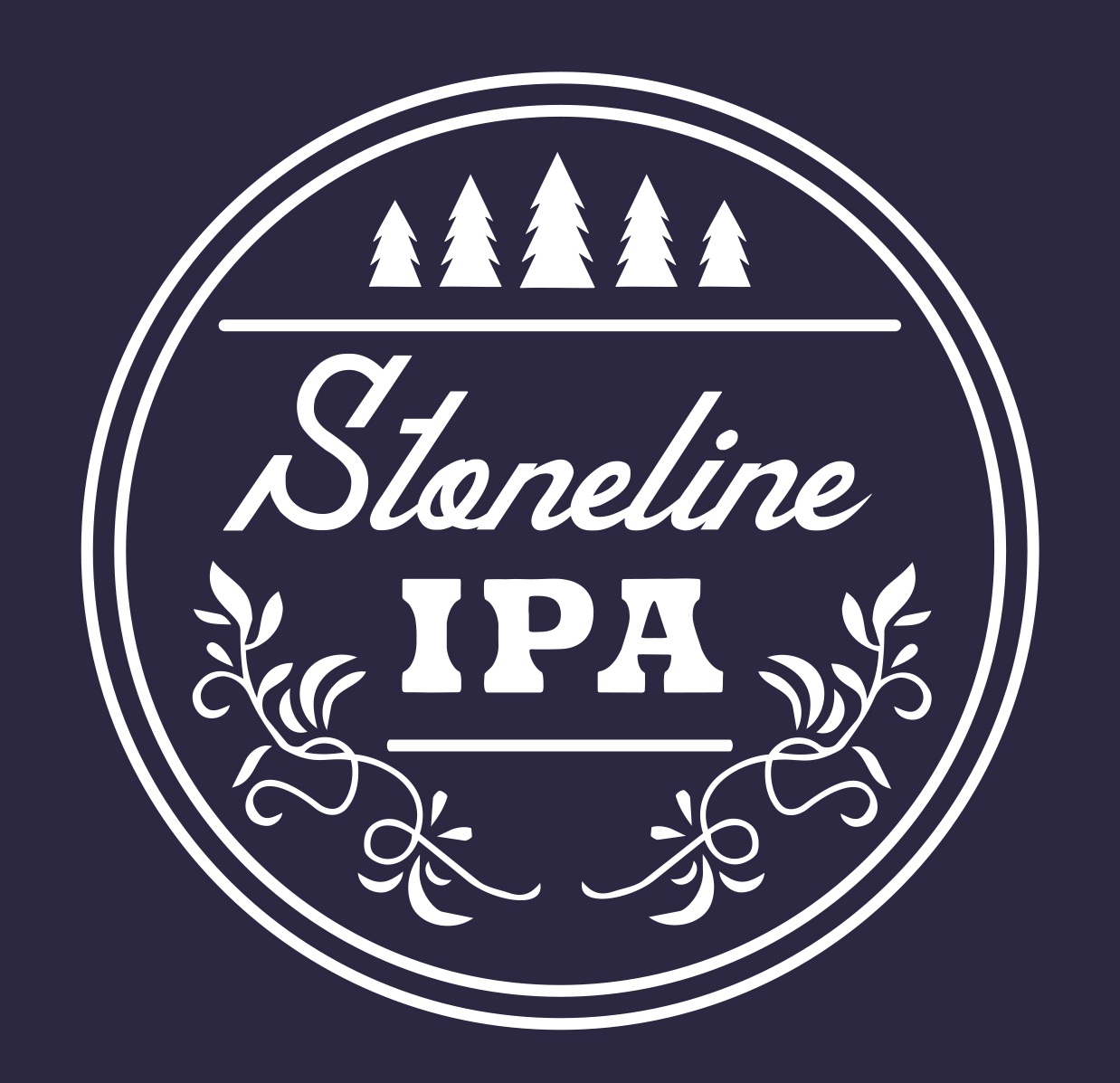 dark blue background with all text and images in a light cream. the test Stoneline IPA inside a circle with drawings of pines above the words and drawings of vines below the words