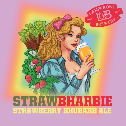 drawing of a barbie likeness drinking a beer and a strawberry bush and a bundle of rubharb with the text strawbharbie, strawberry rhubarb ale