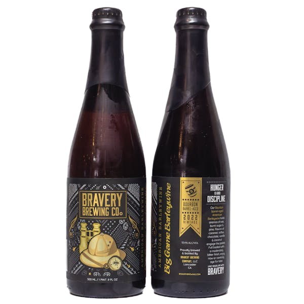 BourbonBigGame-ProductPhoto two bottles of Big Game Barleywine bourbon barrel-aged beer, the left bottle showing the front label art, the right showing the label details