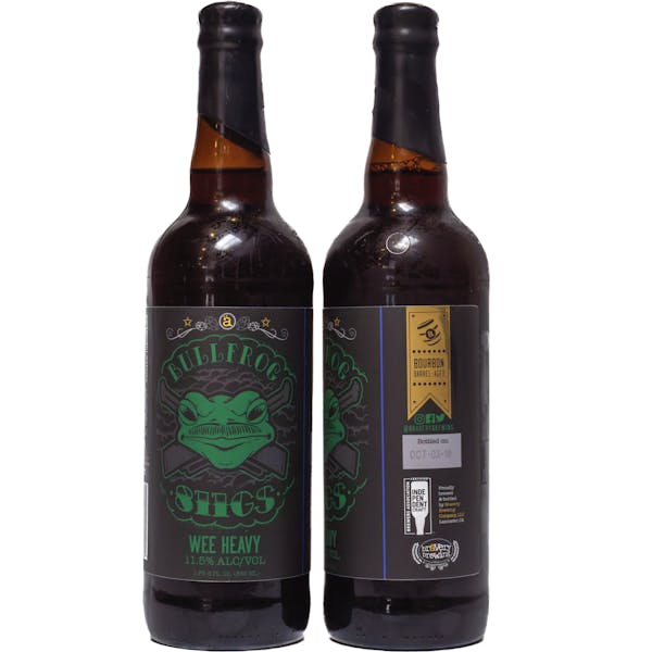 two bottles of Bull Frog bourbon barrel-aged beer, the left bottle showing the front label art, the right showing the label details