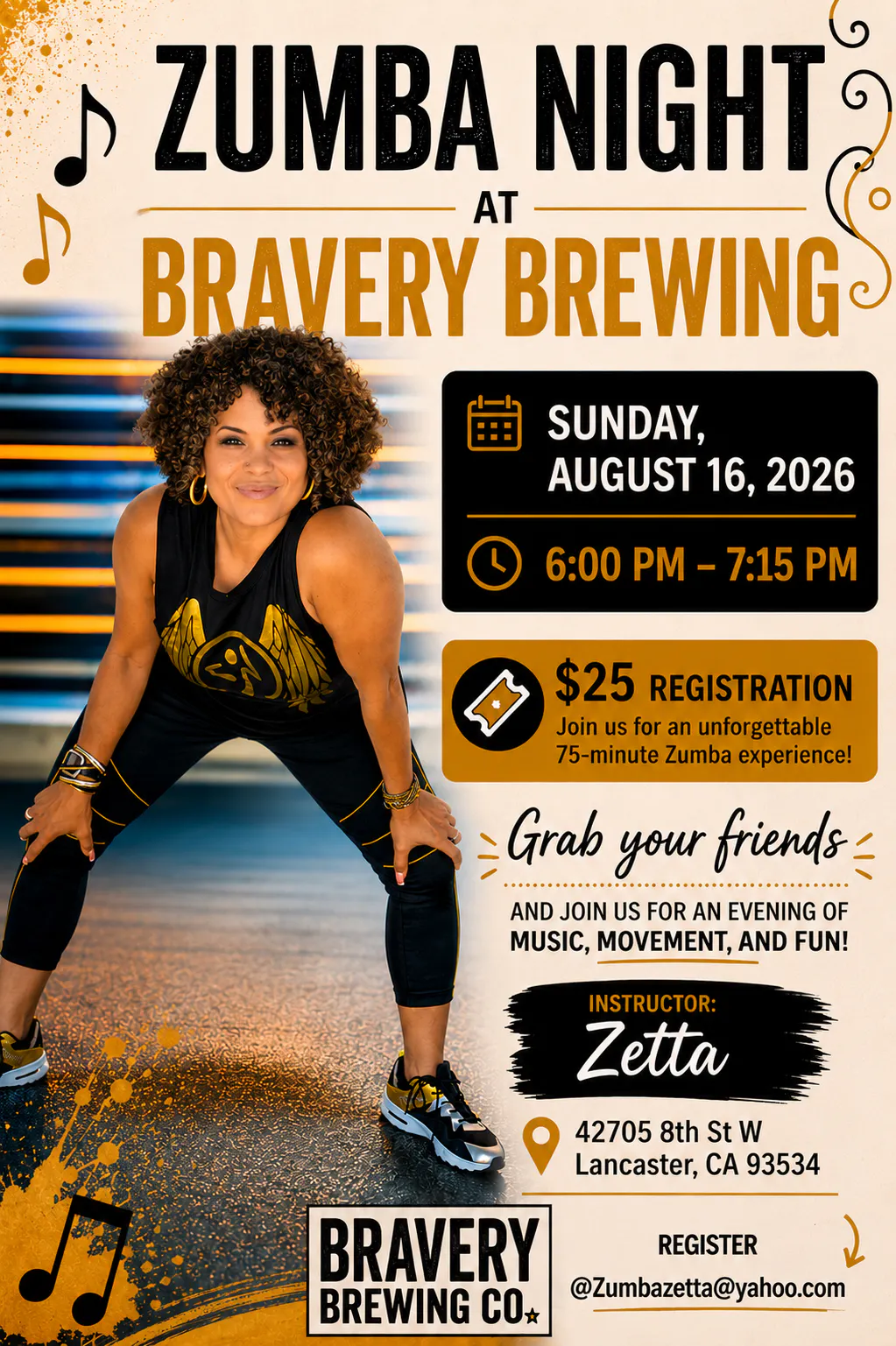 Flier for Zumba Night at Bravery Brewing on Sunday, August 16th from 6-7:15pm. Registration is $25. Register at zumbazetta@yahoo.com