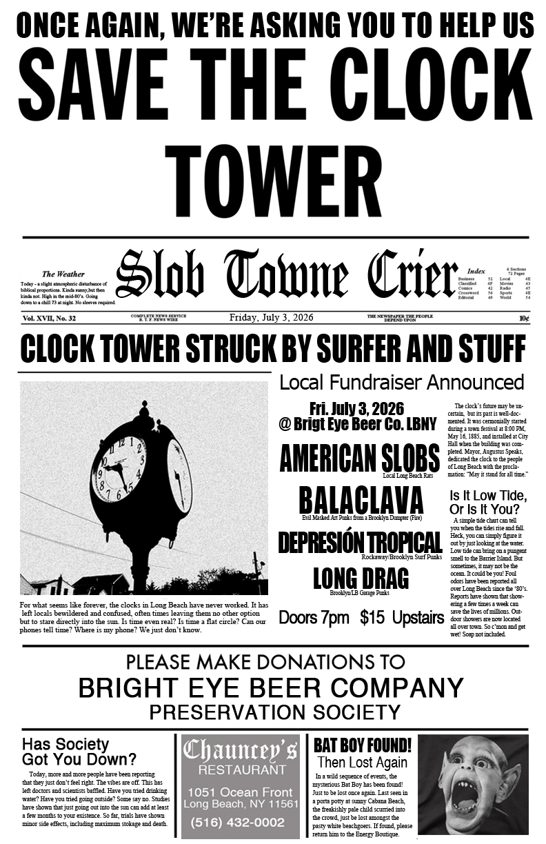 Save the Clock Tower. Concert Upstairs at Bright Eye on July 3rd, 2026.