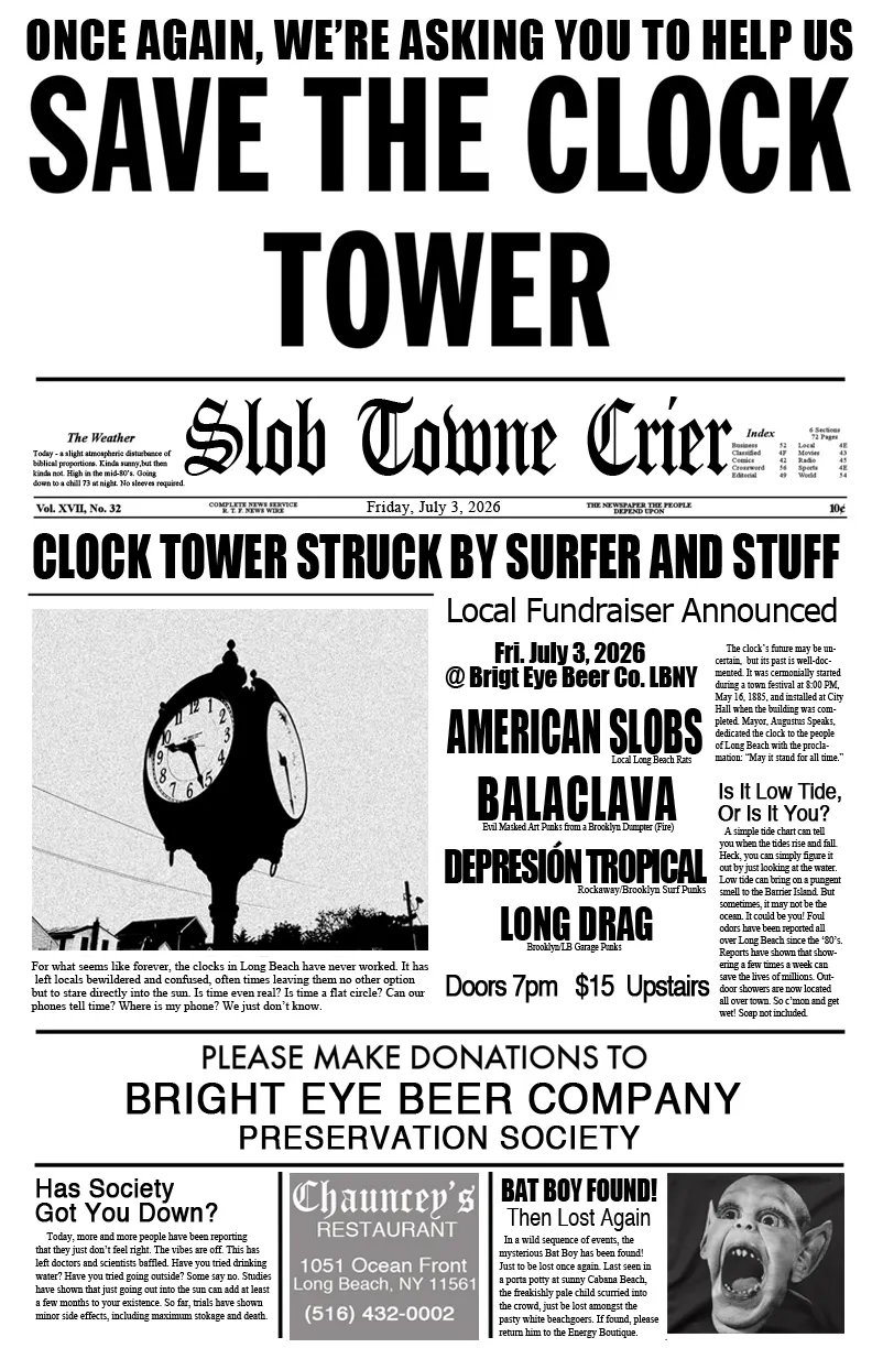 Save the Clock Tower. Concert Upstairs at Bright Eye on July 3rd, 2026.