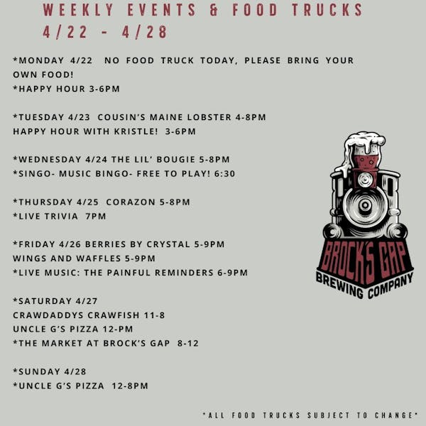 4/22 – 4/28  Food Trucks, Events and Live Music Schedule