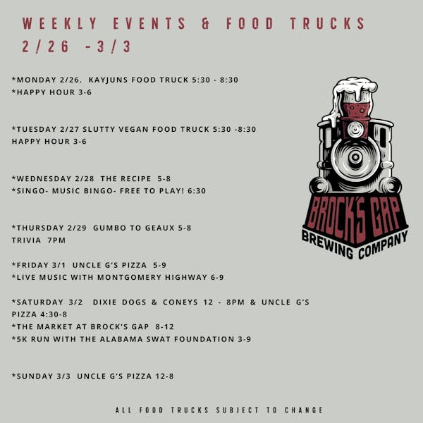2/26-3/3 Food Trucks, Events and Live Music Schedule