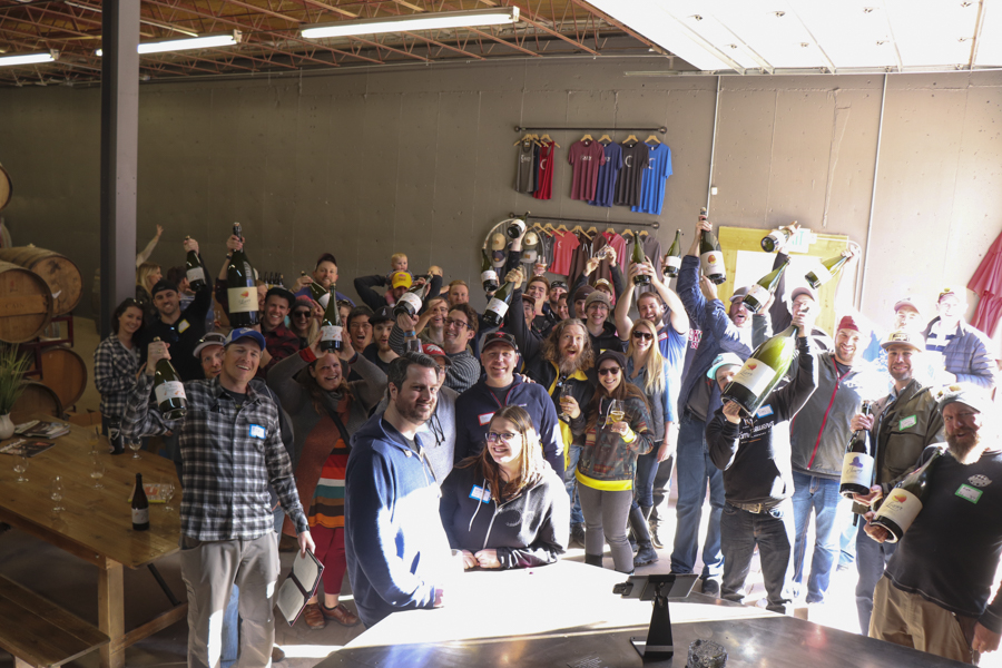 The Casey Brewing Extended Family in the cellar