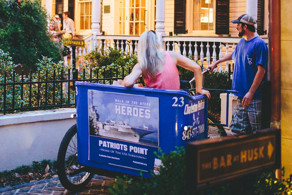 Pedicab displaying signage for Patriots Point