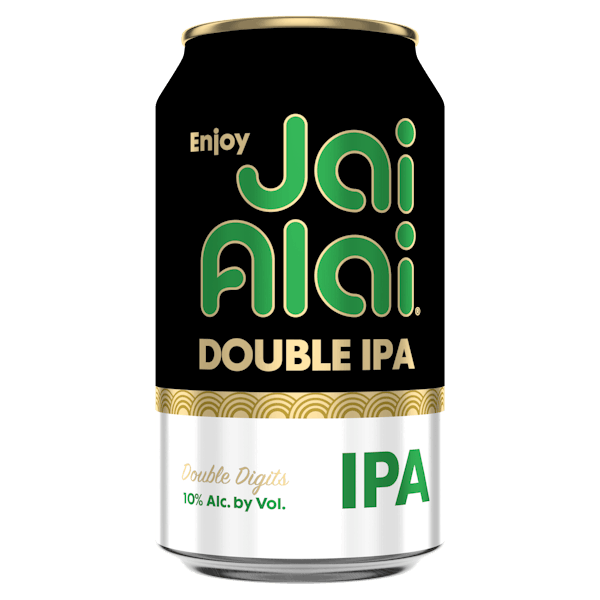 JaiAlai_Double_12oz_2025 Can of Jai Alai Double IPA beer with black and gold design, labeled “Double Digits” and “10% Alc. by Vol.”