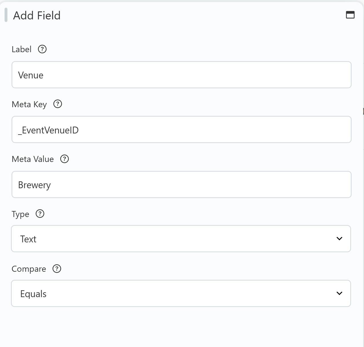 Custom field settings where we set the Meta Key/Value pair to filter by