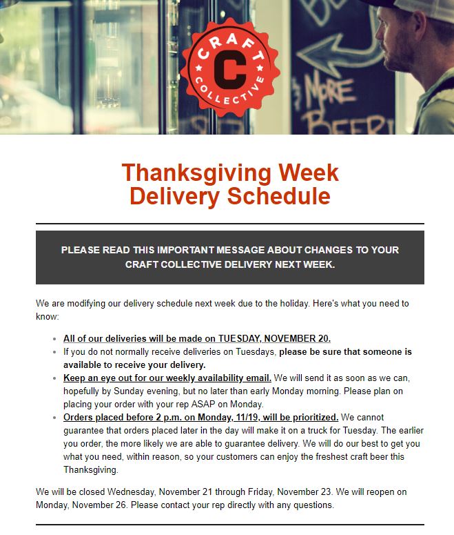 Thanksgiving Week Delivery Schedule – We Are Only Delivering on Tuesday, 11/20