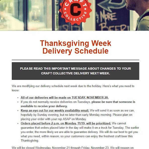 Thanksgiving Week Delivery Schedule – We Are Only Delivering on Tuesday, 11/20