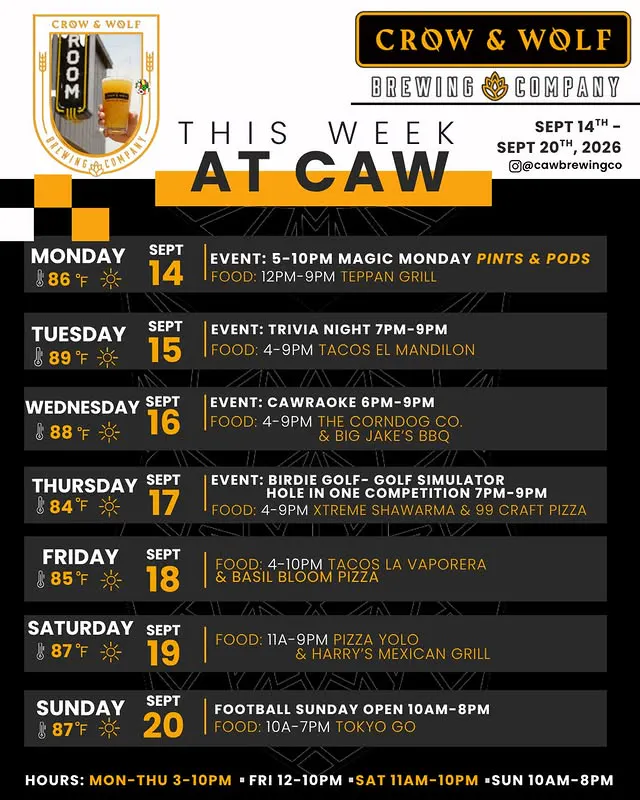 Crow & Wolf weekly schedule, September 14-20, 2026. Monday Sept 14: event 5-10pm Magic Monday Pints & Pods; food 4-9pm Teppan Grill. Tuesday Sept 15: event 7-9pm Trivia Night; food 4-9pm Tacos El Mandilon. Wednesday Sept 16: event 6-9pm CAWraoke; food 4-9pm The Corndog Co. and Big Jake's BBQ. Thursday Sept 17: event 7-9pm Birdie Golf simulator hole-in-one competition; food 4-9pm Xtreme Shawarma and 99 Craft Pizza. Friday Sept 18: food 4-10pm Tacos La Vaporera and Basil Bloom Pizza. Saturday Sept 19: food 11am-9pm Pizza Yolo and Harry's Mexican Grill. Sunday Sept 20: Football Sunday, open 10am-8pm; food 10am-7pm Tokyo Go. Taproom, 526 E. Spruce Ave, Clovis CA. Hours: Mon-Thu 3-10pm, Fri 12-10pm, Sat 11am-10pm, Sun 10am-8pm.