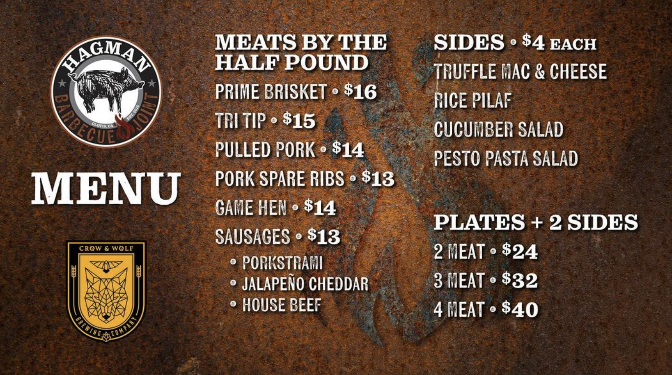 GAGINE MENU CROW & WOLF MEATS BY THE HALF POUND PRIME BRISKET • $16 TRI TIP • $15 PULLED PORK • $14 PORK SPARE RIBS • $13 GAME HEN • $14 SAUSAGES • $13 • PORKSTRAMI • JALAPEÑO CHEDDAR • HOUSE BEEF SIDES • $4 EACH TRUFFLE MAC & CHEESE RICE PILAF CUCUMBER SALAD PESTO PASTA SALAD PLATES + 2 SIDES 2 MEAT • $24 3 MEAT • $32 4 MEAT • $40
