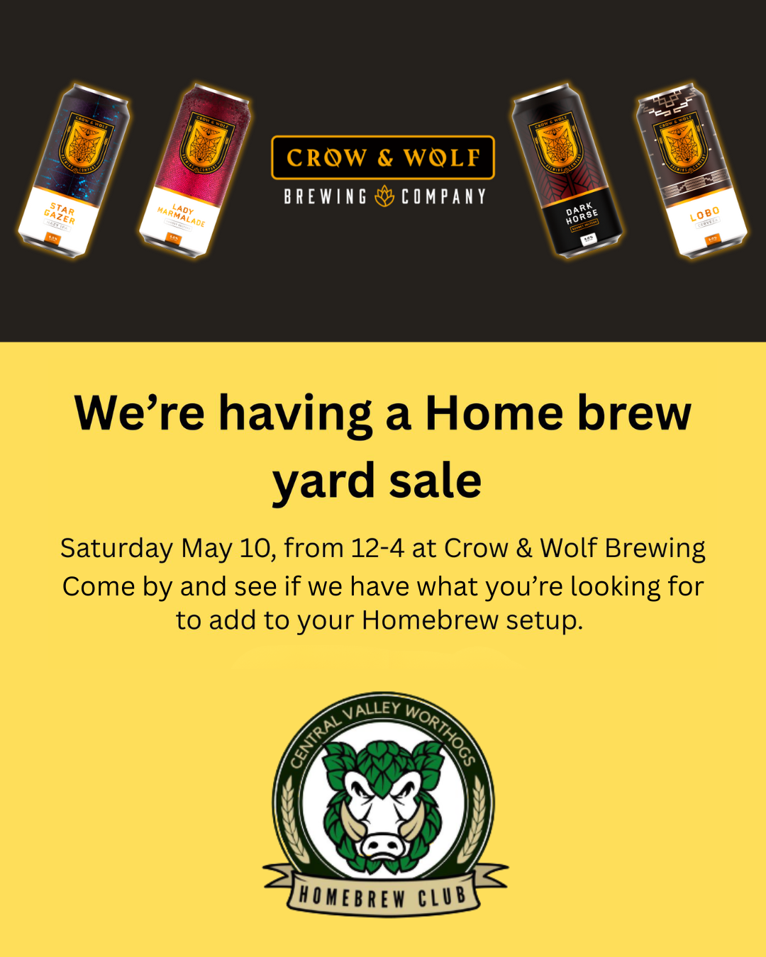 Crow & Wolf Brewing Company | We're having a Home brew yard sale | Saturday May 10, from 12-4 at Crow & Wolf Brewing | Come by and see if we have what you're looking for to add to your Homebrew setup.