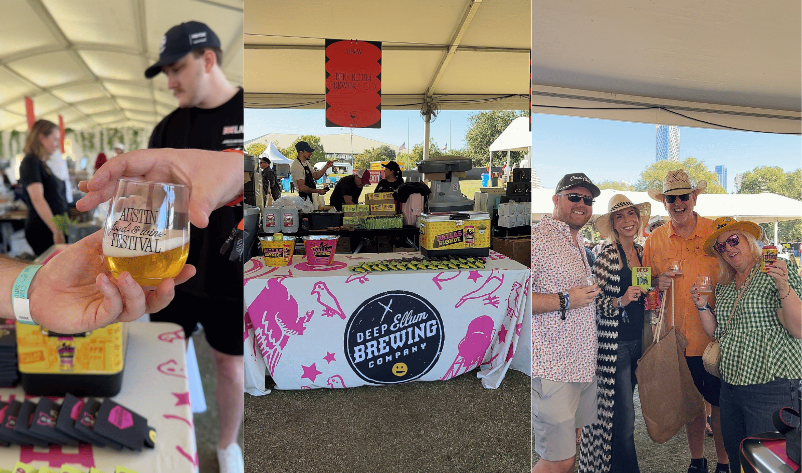 A collage from the 2025 Austin Food & Wine Festival featuring Deep Ellum Brewing Company. Images show a glass of craft beer being handed to a guest, the Deep Ellum Brewing booth displaying Dallas Blonde and Deep Ellum IPA, and festival attendees enjoying their pours under the Austin skyline.