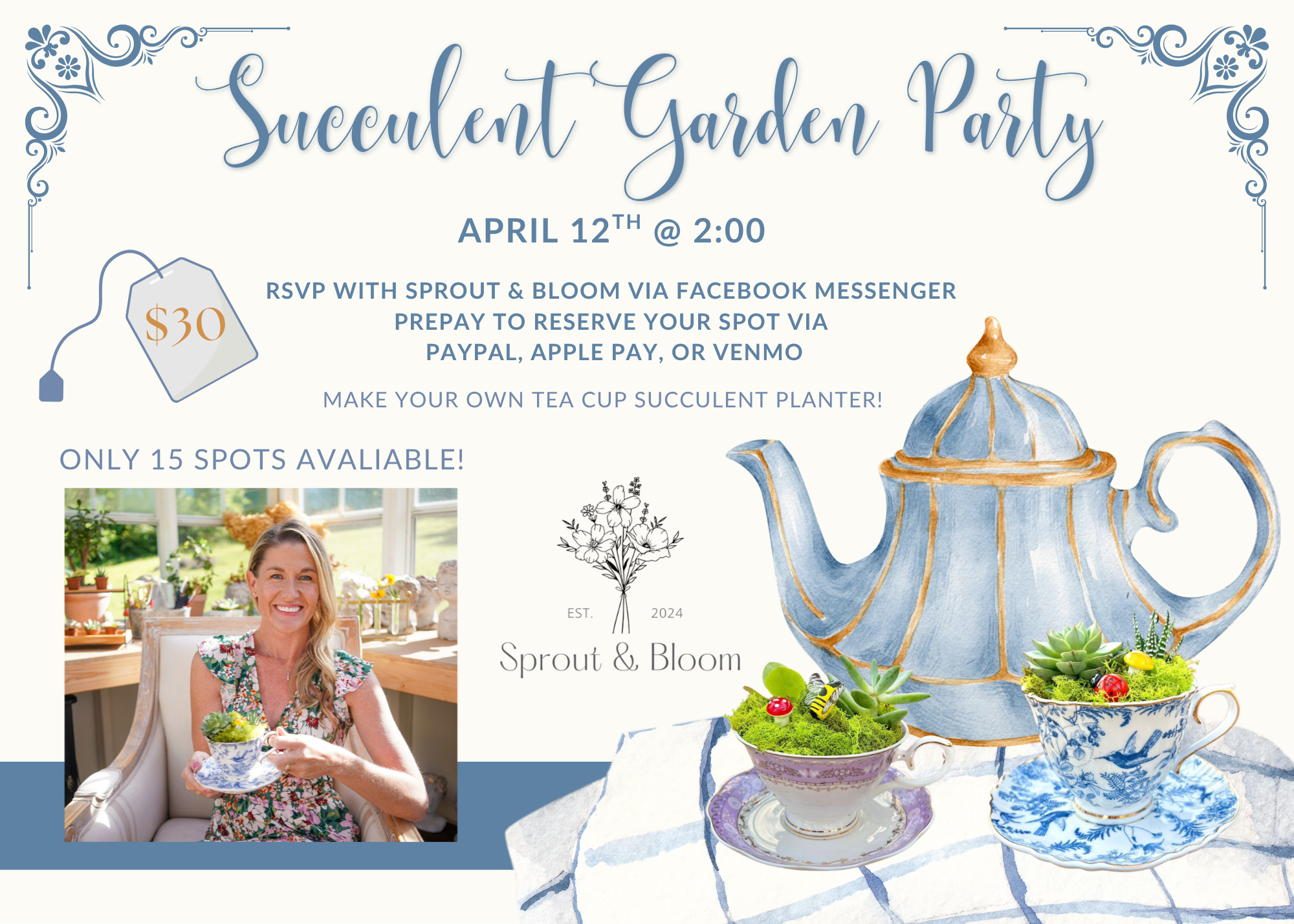 Blue Beige Aesthetic Watercolor Tea Party Invitation