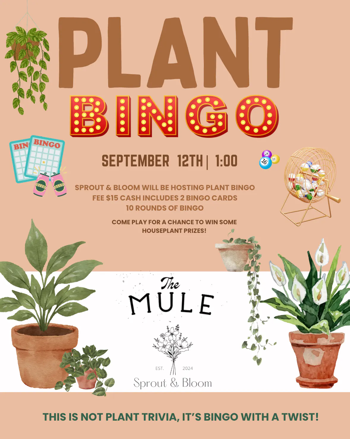 Plant Bingo w/Sprout & Bloom! @ 1pm This Month! poster · Devil's Foot / The Mule, Asheville, SEP 12