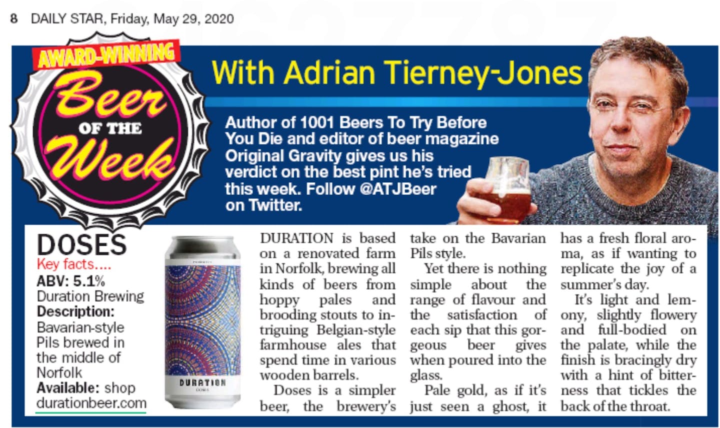 Daily Star - Beer of the Week with Adrian Tierney-Jones - Duration Doses Pilsner