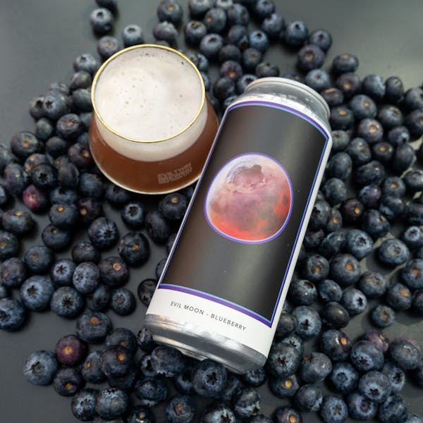 pale orange beer in glass with blueberries on table